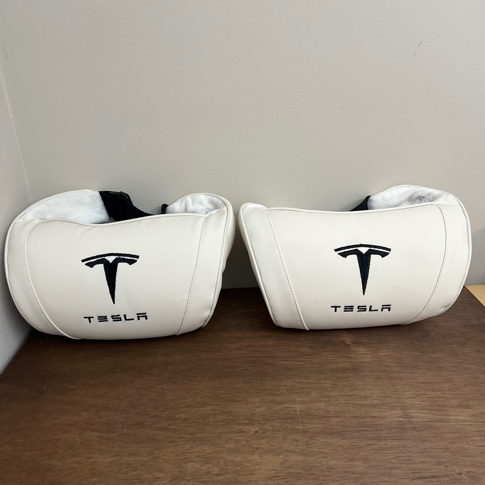 Tesla Neck Pillow Front Seat Neck Rest White Black Embroidered Logo Set of 2